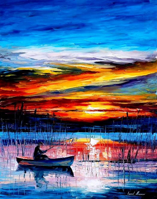 524x662 Morning Fishing Palette Knife Oil Painting On Canvas By Leonid - Fishing Painting