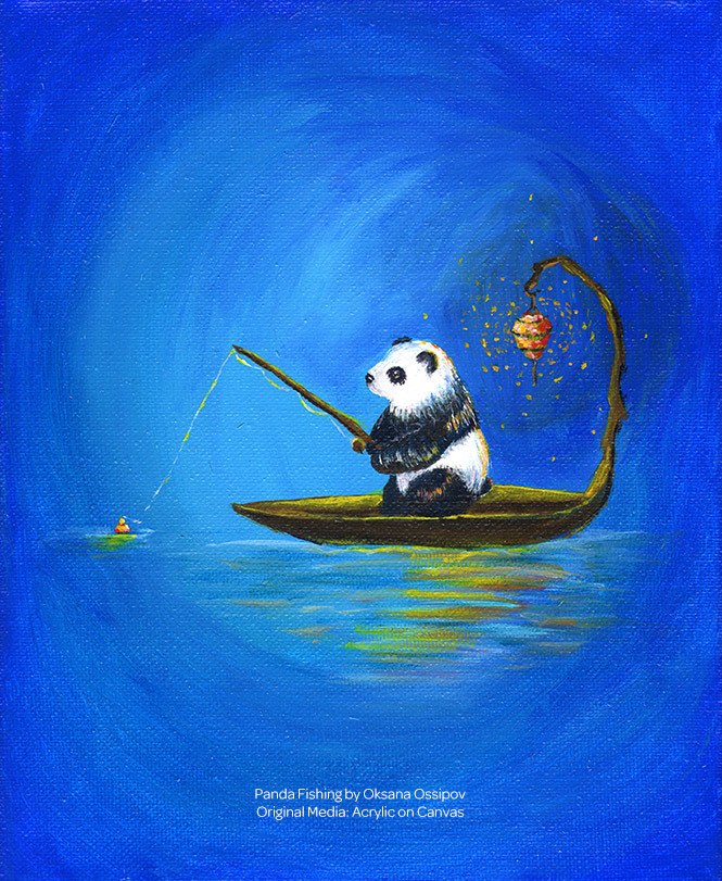 665x811 Panda Fishing, Original Fantasy Painting - Fishing Painting