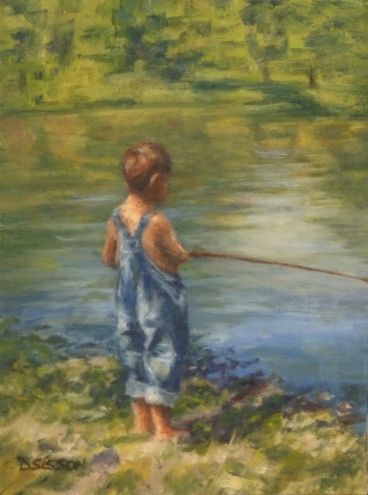 368x495 Young Fisherman Oil Painting Portrait Boy Cane Pole Fishing - Fishing Pole Painting