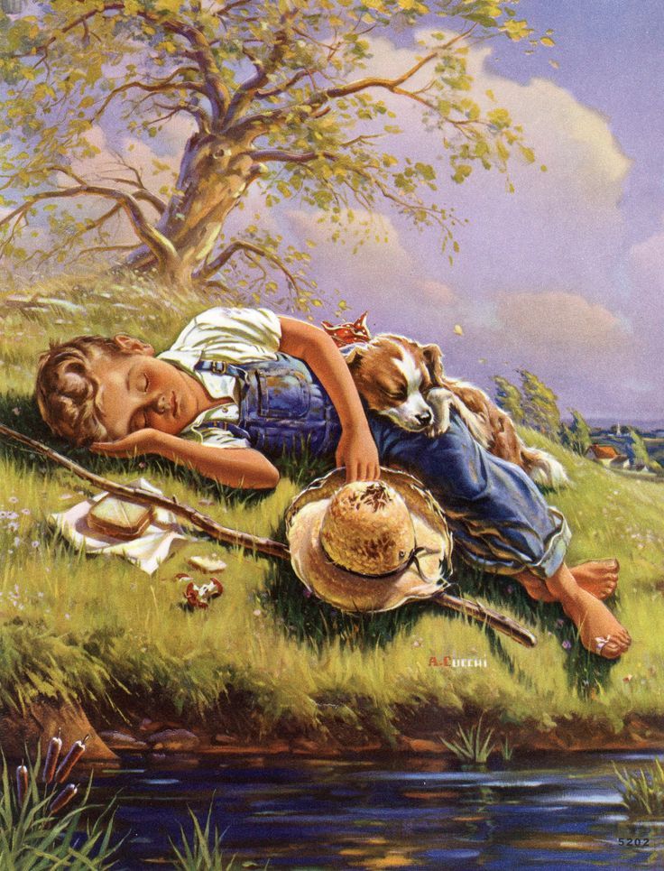 736x965 Painting Boy Fishing Pole And Dog - Fishing Pole Painting