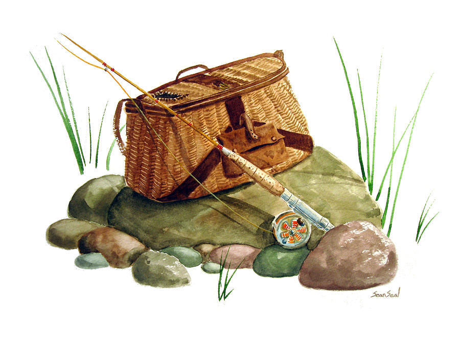 900x660 Fishing Creel Bamboo Fly Rod Painting By Sean Seal - Fishing Rod Painting