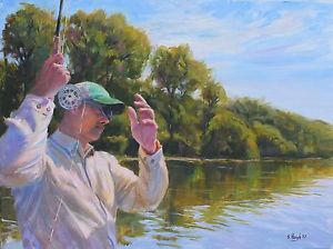 300x224 Original Oil Painting Fly Fish Cast Rod River Stream White River - Fishing Rod Painting