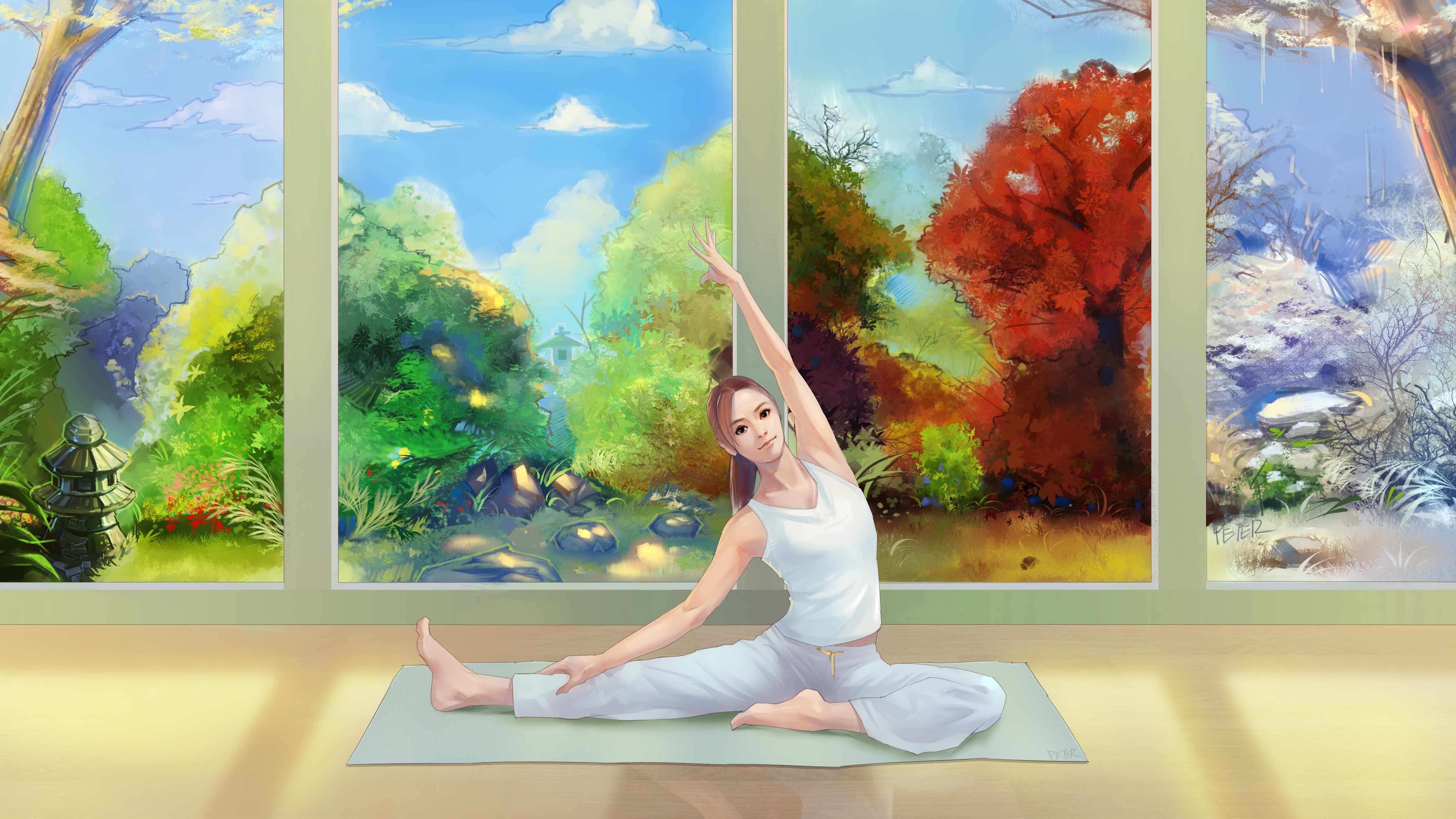 4800x2700 Wallpaper Painting, Women, Artwork, Yoga, Stretching, Mural - Fitness Painting