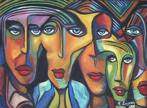 557x409 Five Faces Painting By Richard Leizear - Five Painting