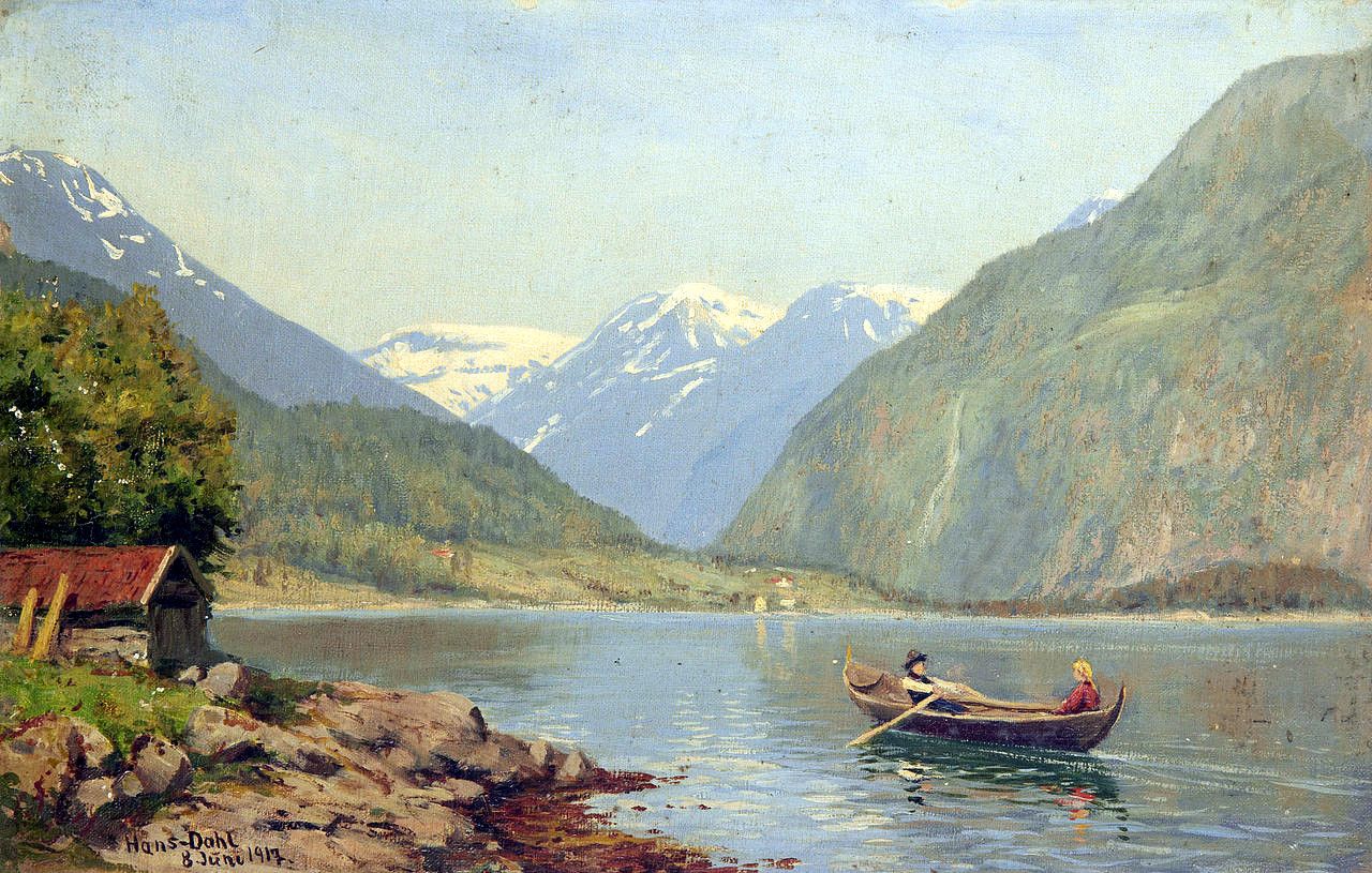 1280x815 Figures In A Rowing Boat On A Fjord By Hans Dahl, 1917 Art - Fjord Painting