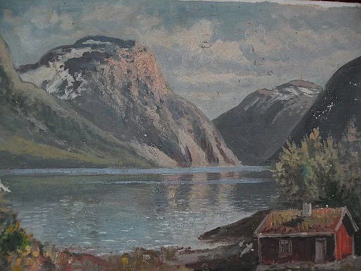 720x540 Scandinavian Art Norwegian Fjord Painting Signed Jens Oyme Jon - Fjord Painting