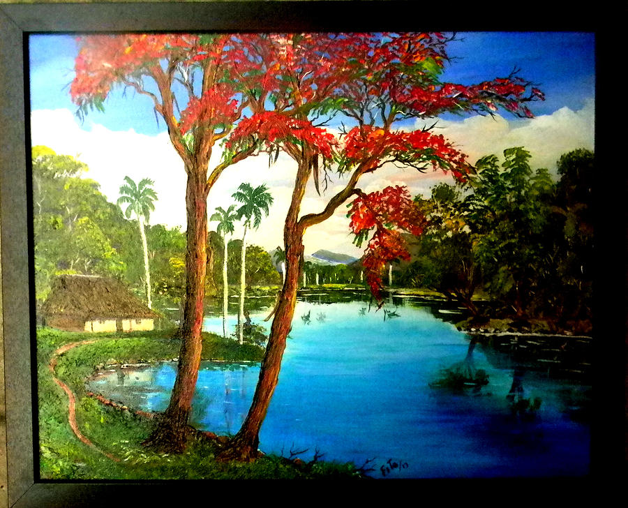 900x728 River And Flamboyan Painting By Adolfo Flores - Flamboyan Painting