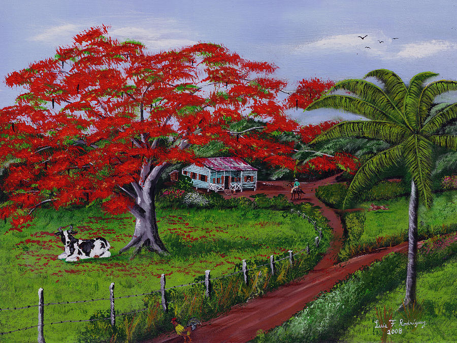900x675 Poinciana Blvd Painting By Luis F Rodriguez - Flamboyant Tree Painting