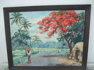 300x225 Sri Lankan Painting A View Of Flamboyant Tree And Paddy Field By - Flamboyant Tree Painting