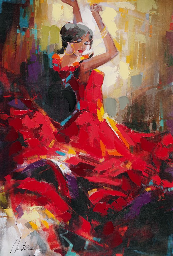690x1021 Artwork Detail Dancers, Park And Artist - Flamenco Dancer Red Dress Painting