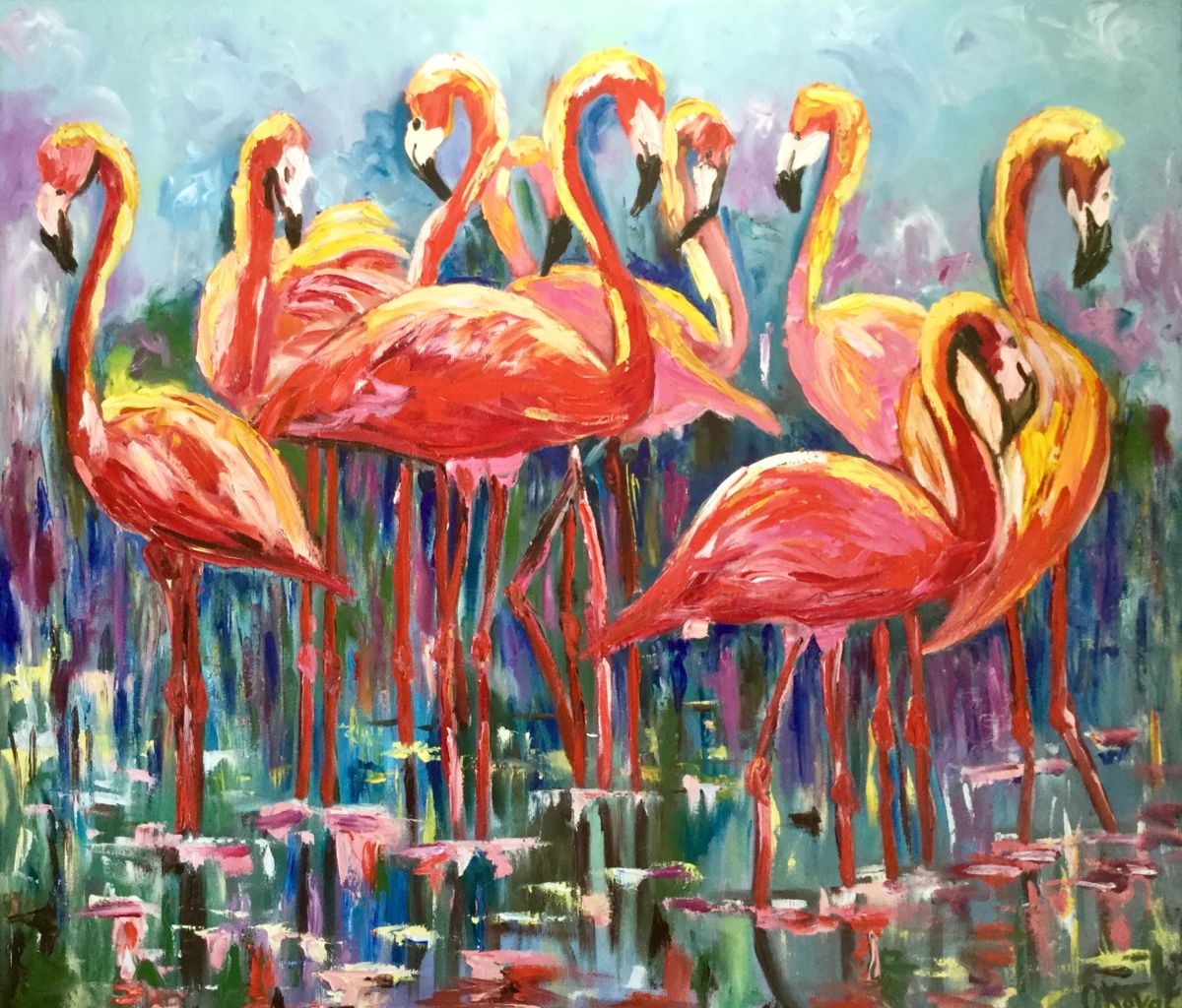 1200x1024 Orange Flamingos (Olga Koval) - Flamingo Painting Abstract