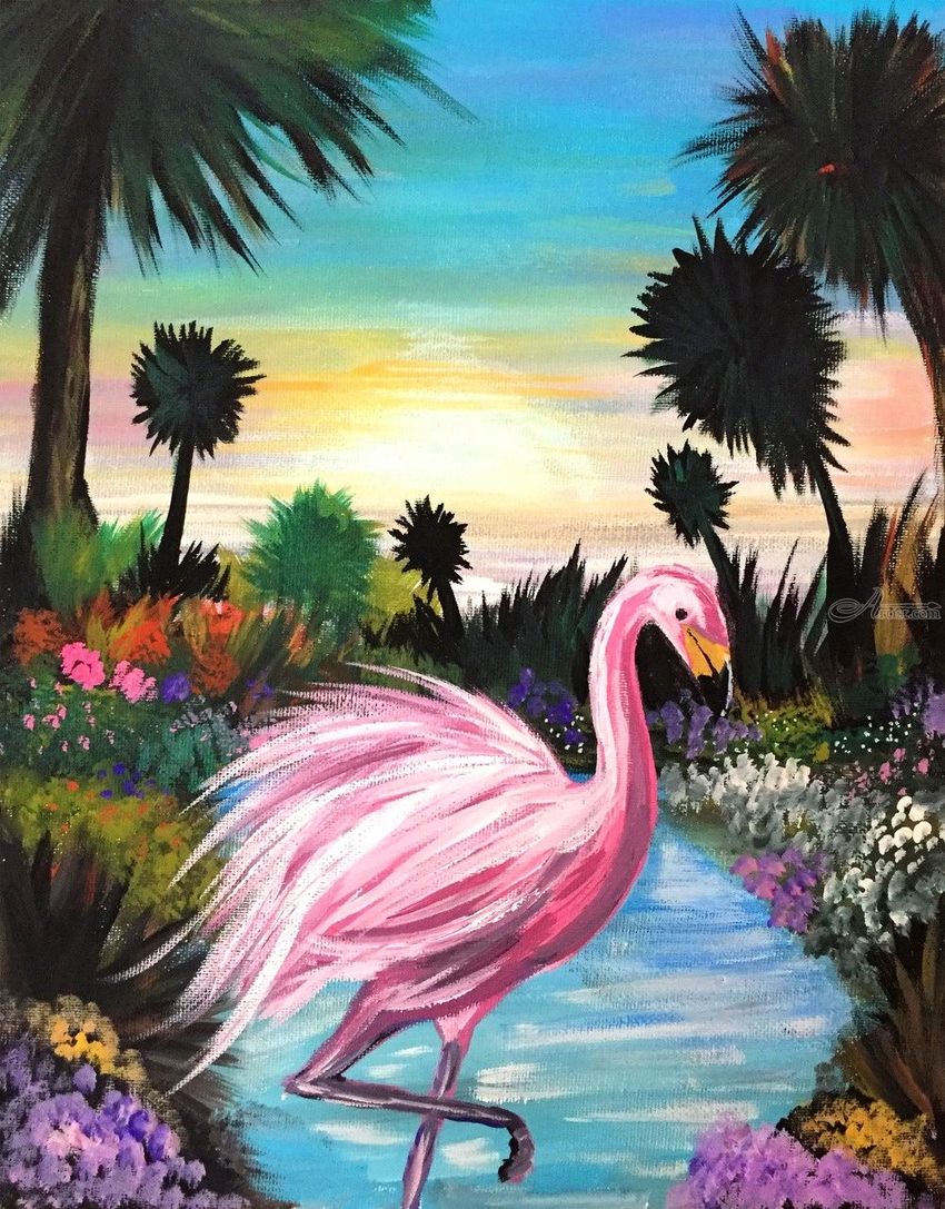 850x1087 Flamingos Paradise Paintings By Adam Santana - Flamingo Painting Acrylic