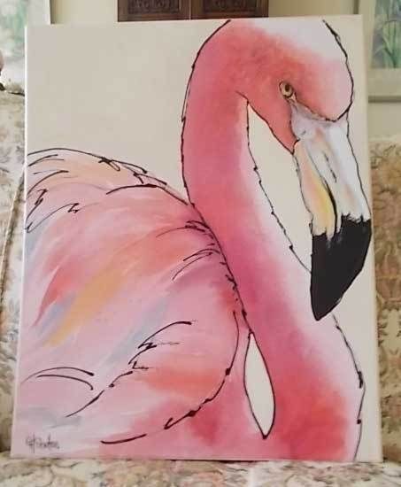 453x550 Original Acrylic Painting Flamingo Florida Pink Tropical By G. H. - Flamingo Painting Acrylic