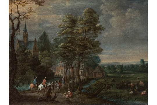 540x360 Landscape With Figure Staffage, Oil Painting, Flanders, 18th C - Flanders Painting