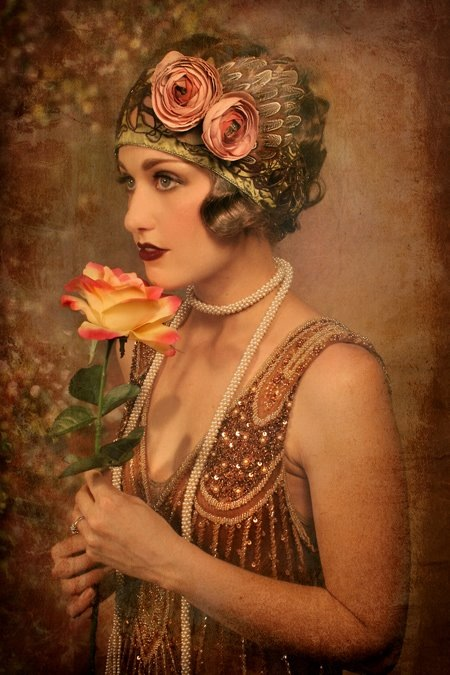 450x675 Portrait Painting Of Roaring 20's Beauty Holding Large Rose - Flapper Painting