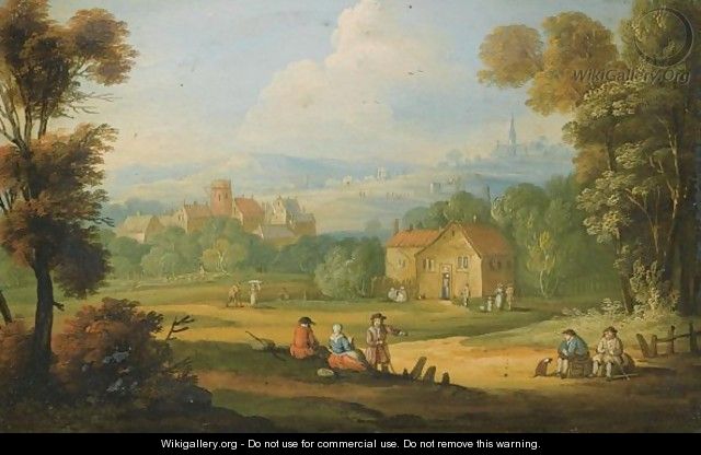 640x416 A Landscape With Figures Seated In The Foreground, A Village - Flemish School Of Painting