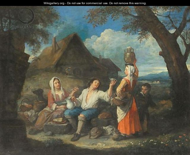 640x522 Landscape With Peasants Resting For Lunch Before A Cottage - Flemish School Of Painting
