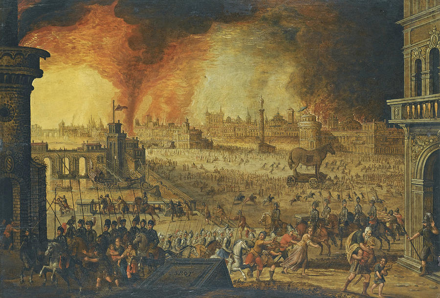 900x611 The Burning Of Troy Painting By Flemish School - Flemish School Of Painting