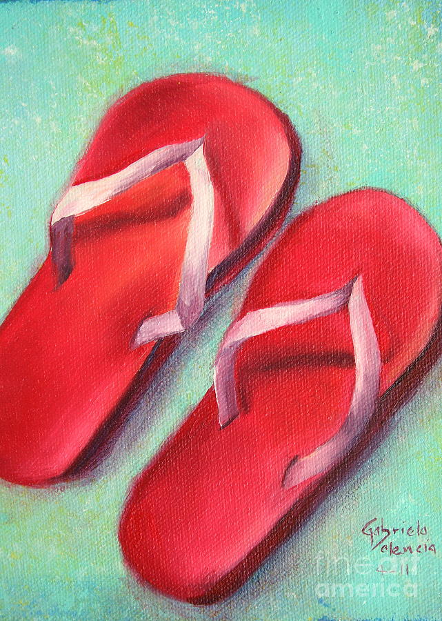 641x900 Red Flip Flops Painting By Gabriela Valencia - Flip Flop Painting