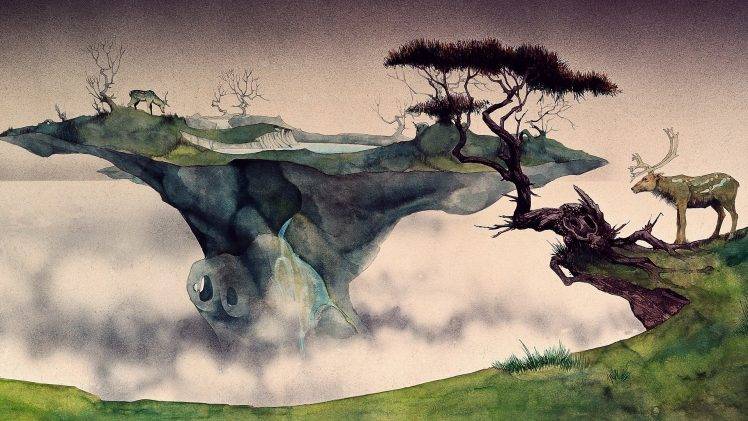 748x421 Fantasy Art, Floating Island, Nature, Animals, Deer, Trees, Mist - Floating Island Painting