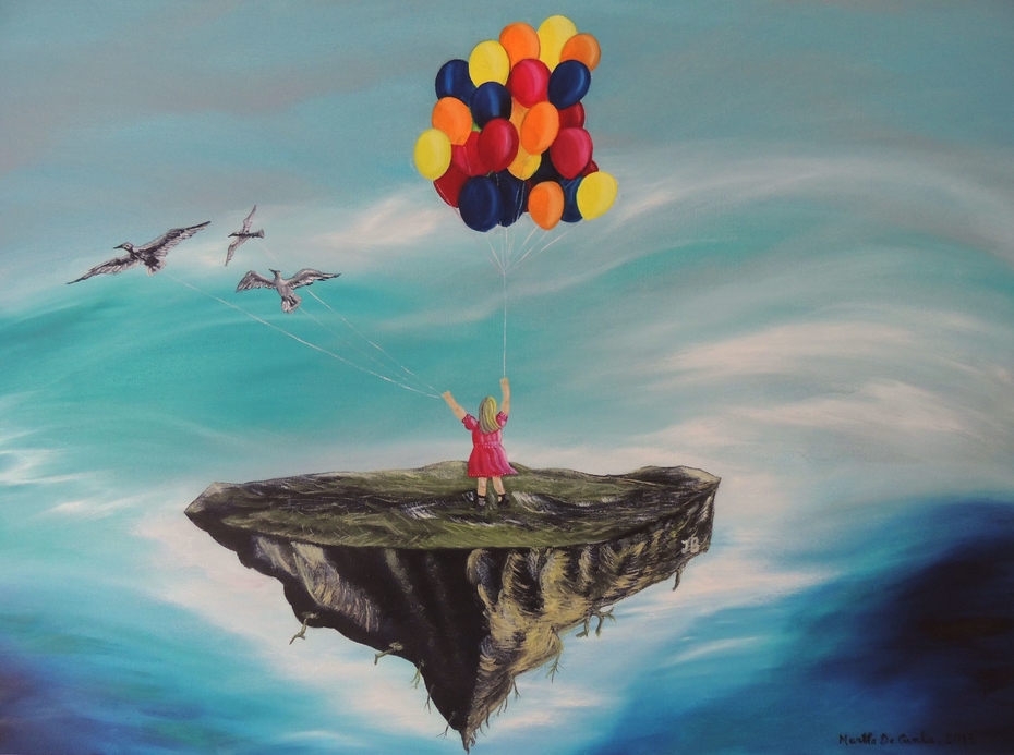 930x693 Floating Island With Little Girl, Balloons And Seagulls, Oil - Floating Island Painting