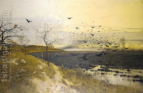 600x390 Flock Of Birds At Sunset Bela Spanyi Reproduction 1st Art Gallery - Flock Of Birds Painting