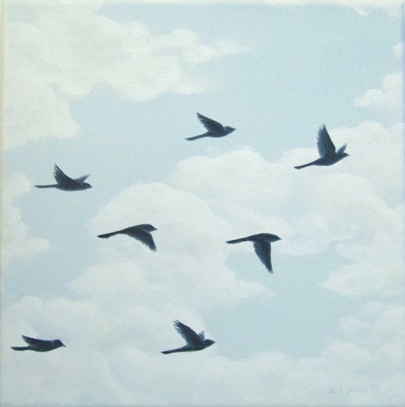 570x573 Original Bird Painting Of Flying Birds In Blue Sky, Bird - Flock Of Birds Painting