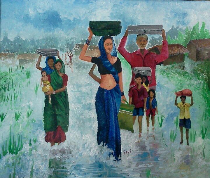 720x609 Flood Of Kosi River02 Painting By Rajeev Raj - Flood Painting