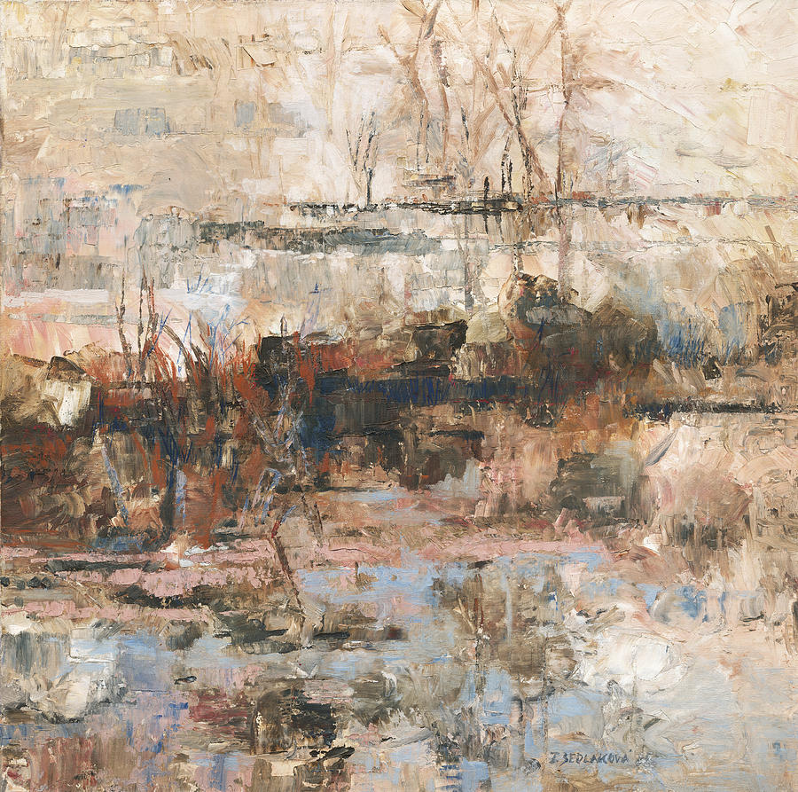 900x893 White Landscape Round The River Painting By Terezia Sedlakova Wutzay - Flood Plain Painting