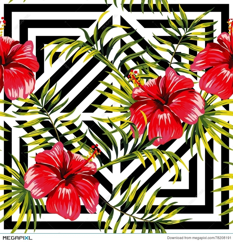 800x830 Hibiscus And Palm Leaves Painting Tropical Floral Pattern, Geome - Floral Pattern Painting