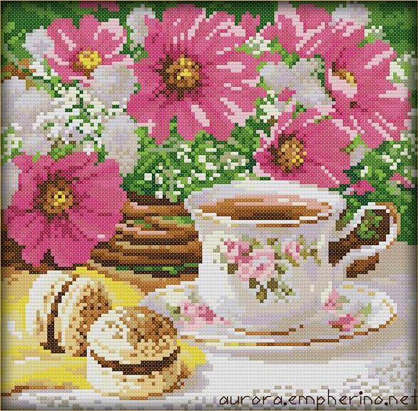586x577 Needlework, Set For Embroidery Kit,afternoon Tea Cup Flower - Floral Pattern Painting