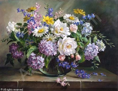 500x387 Floral Still Life In Green Glass Vase Sold By Bonhams Amp Goodman - Floral Still Life Painting