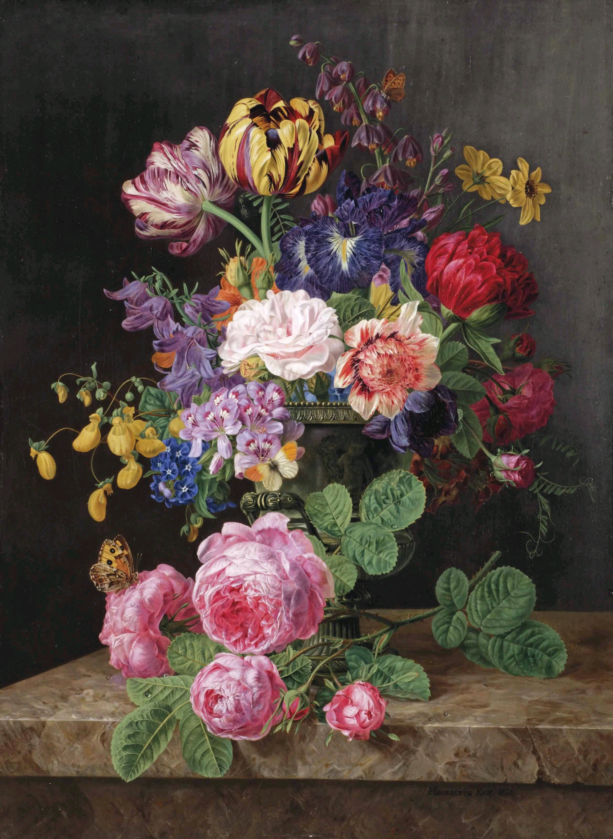 2339x3200 Floral Still Life Of Roses, Tulips, Black Irises, And Butterflies - Floral Still Life Painting