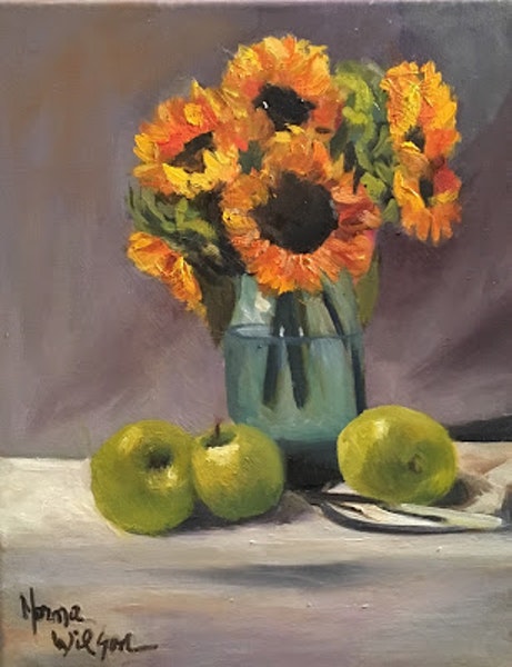 461x600 Norma Wilson Original Oil Sunflower And Pears Floral Flower Still - Floral Still Life Painting