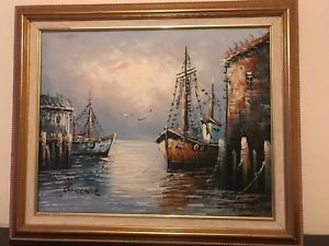 300x225 2 Original Stunning Oil Painting By Florence, Harbor Scene Great - Florence Painting