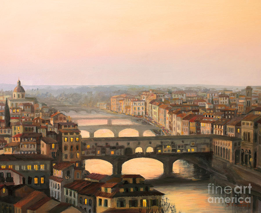900x737 Sunset Over Ponte Vecchio In Florence Painting By Kiril Stanchev - Florence Painting