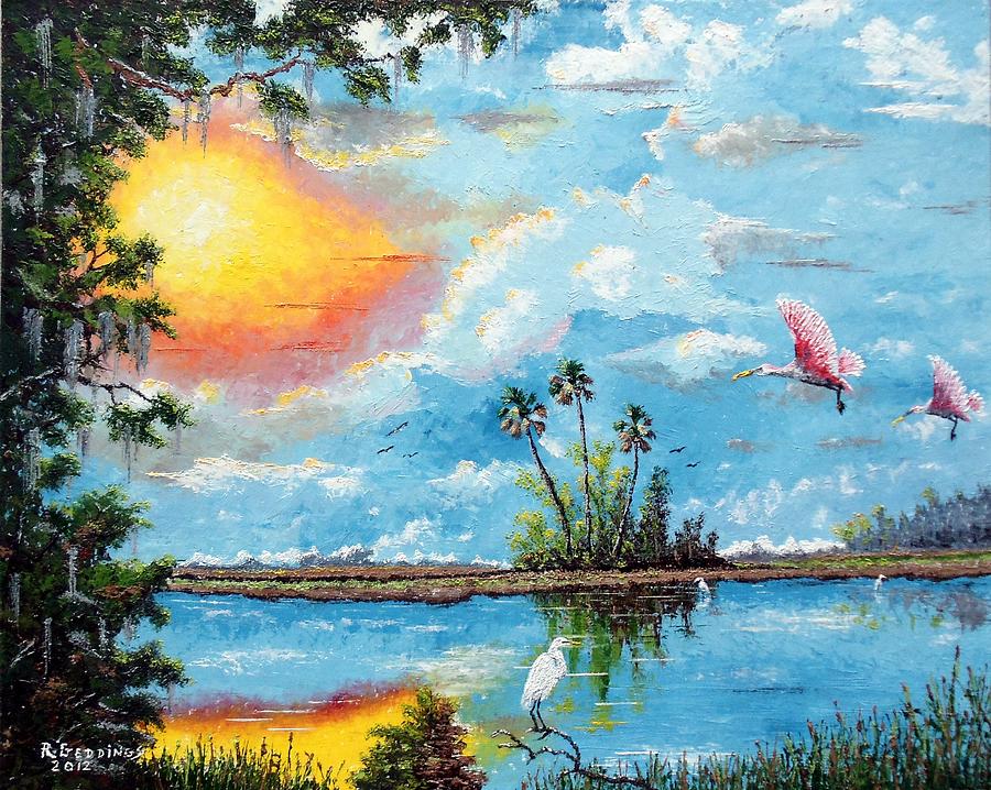 900x718 Florida Wilderness Oil Using Knife Painting By Riley Geddings - Florida Landscape Painting