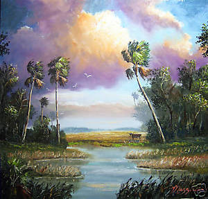 300x287 Florida Original Oil Painting Okeechobee Bull,art Palm , Farm - Florida Painting