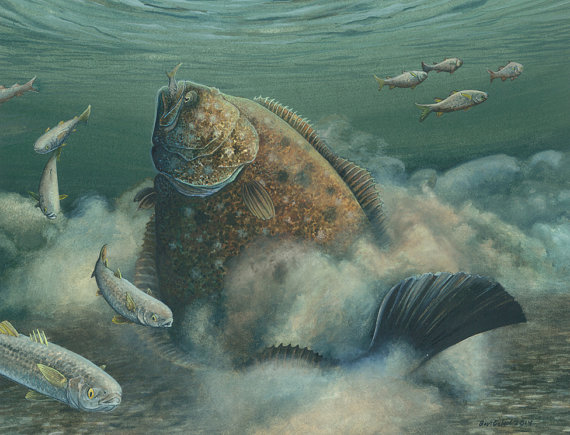 570x435 Fluke Attack Fine Art Print Painting Of A Summer Flounder - Flounder Painting