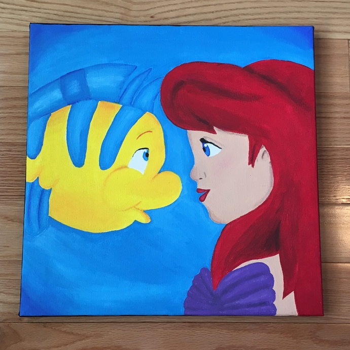 690x690 Disney Ariel And Flounder 16x16 Canvas By Amanda's Art On Zibbet - Flounder Painting