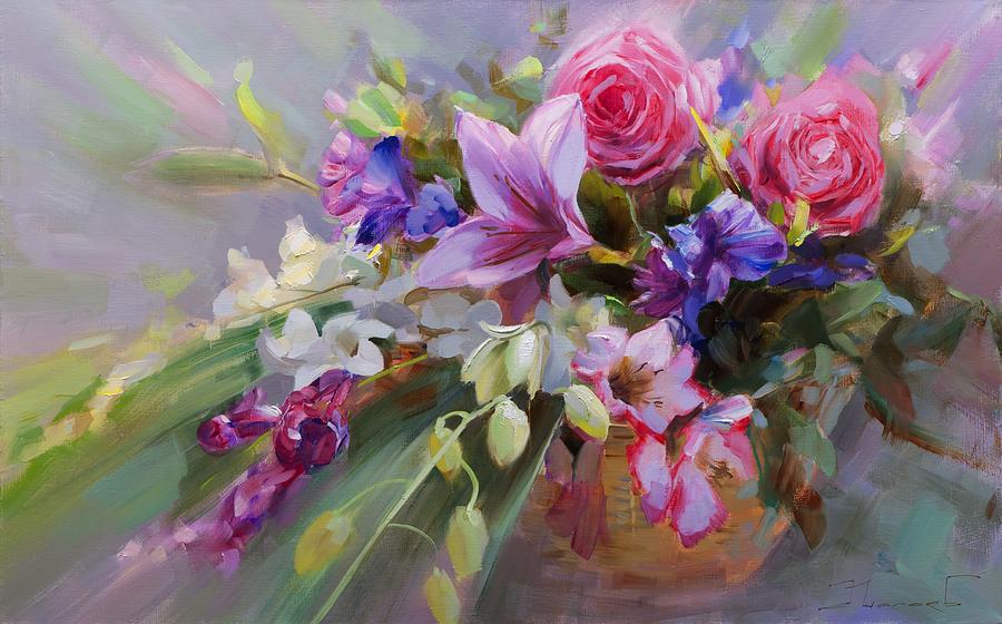 900x560 Flower Baskets For The Beloved. Painting By Alexey Shalaev - Flower Arrangement Painting