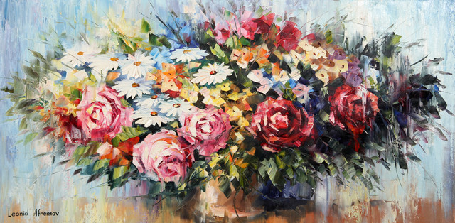640x314 Leonid Afremov, Spring Flower Arrangement With Roses, Oil Painting - Flower Arrangement Painting