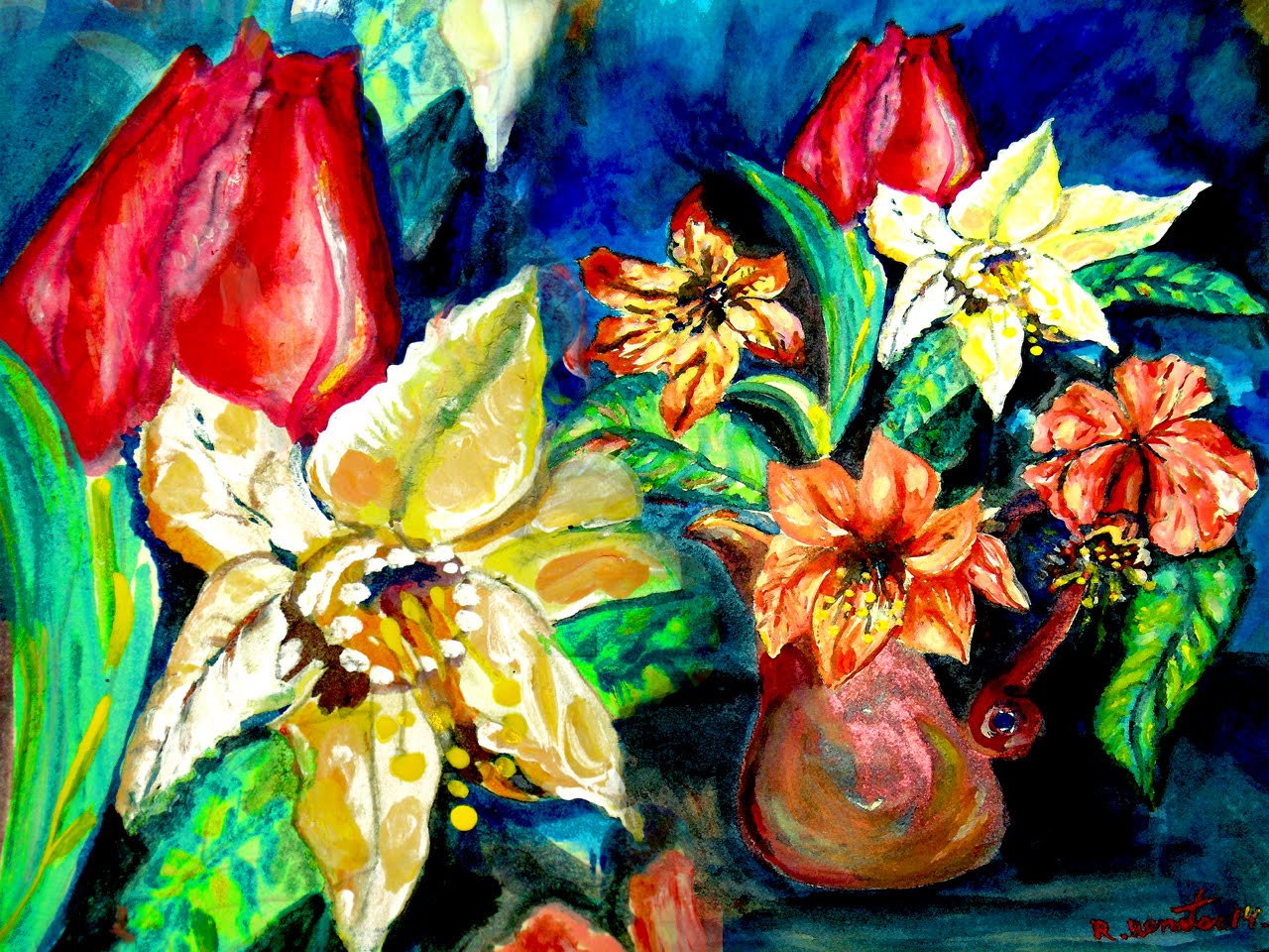 1280x960 Painting Flowers Arrangement Acrylic As Watercolor Contemporary - Flower Arrangement Painting