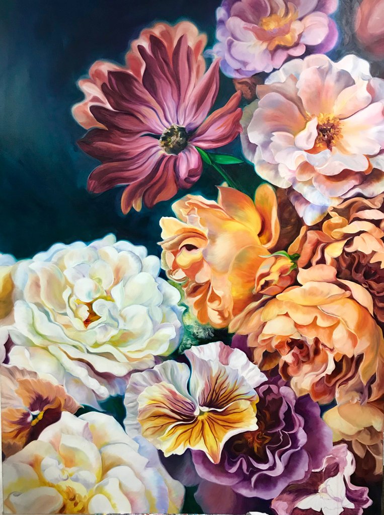 763x1023 Amour Bouquet Flower Painting Ranunculus, Lisianthus Amp Roses - Flower Arrangement Painting