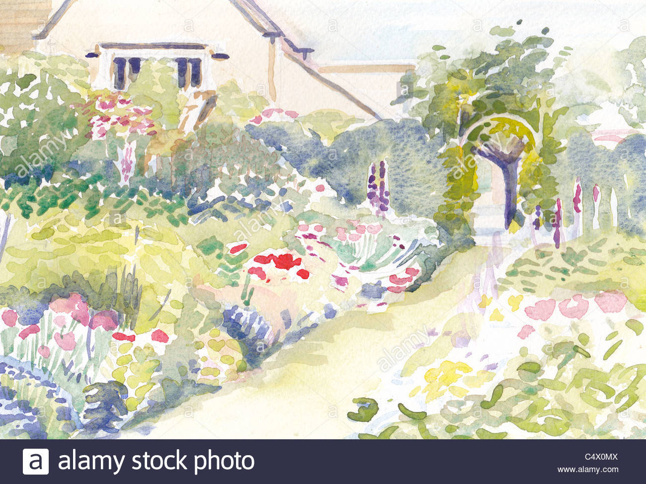 1300x974 Watercolour Painting Of A Herbaceous Border In The Abbey House - Flower Border Painting
