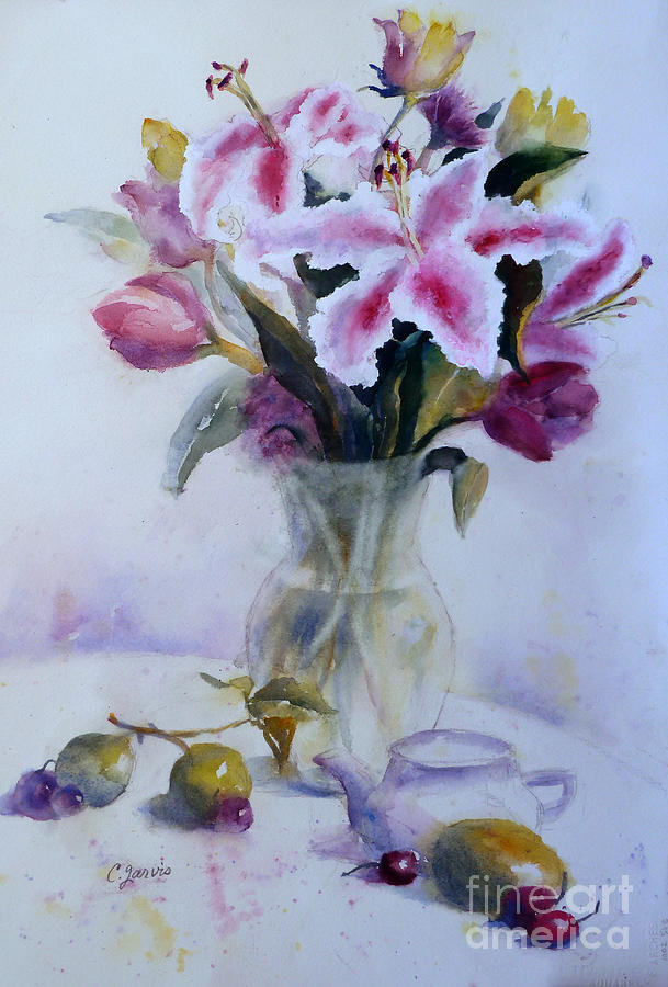 609x900 Flower Bouquet With Teapot And Fruit Painting By Carolyn Jarvis - Flower Bouquet Painting