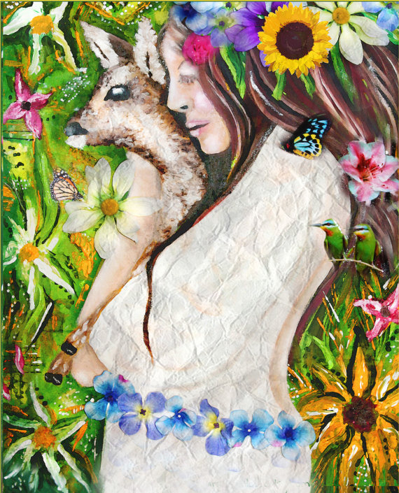 570x705 Earth Childgirl With Deerpaintingflower Childearth - Flower Child Painting