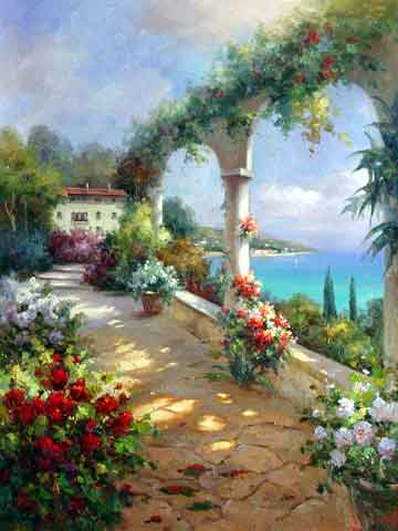 360x480 Mediterranean Garden Oil Painting,oil Painting On Canvas Hand - Flower Garden Painting