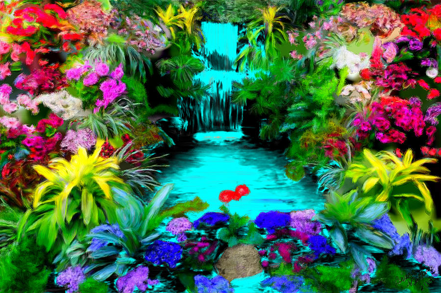 900x599 Waterfall Flower Garden Painting By Bruce Nutting - Flower Garden Painting