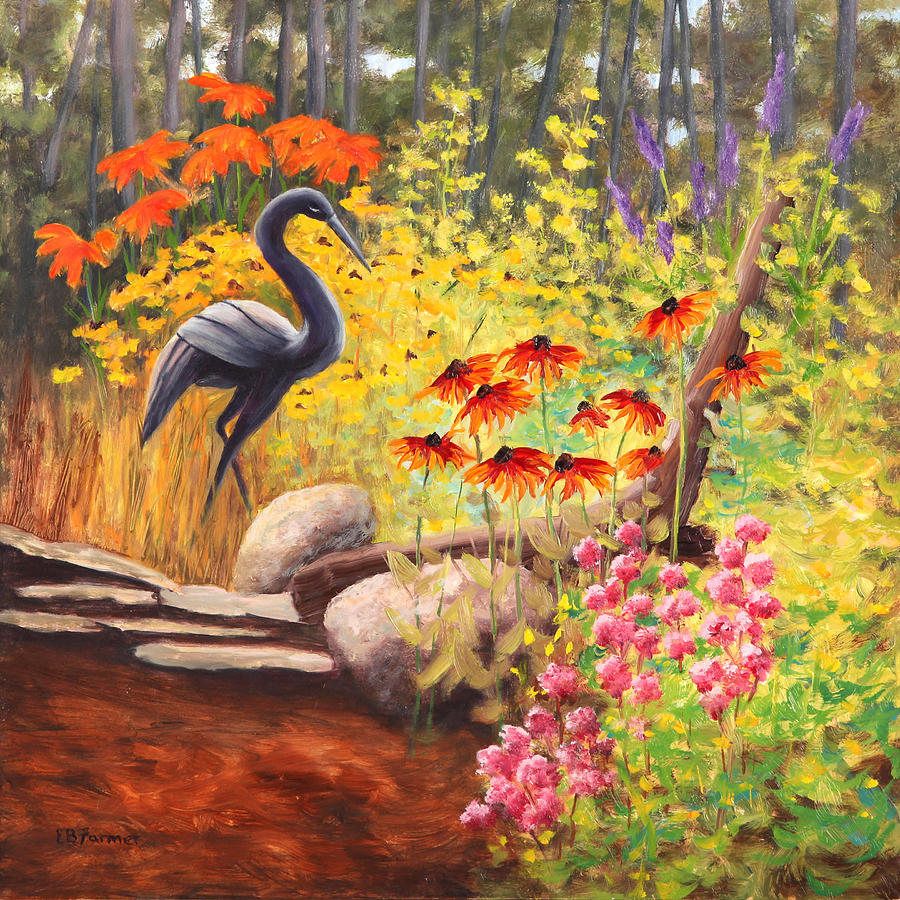 900x900 Black Flower Garden Accent Painting By Elaine Farmer - Flower Garden Painting